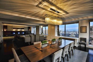 Trendy dark wood floor great room photo in New York with white walls