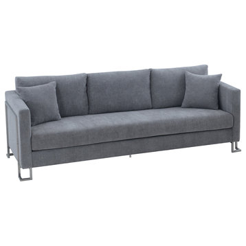 Heritage Fabric Upholstered Sofa With Brushed Stainless Steel Legs, Gray