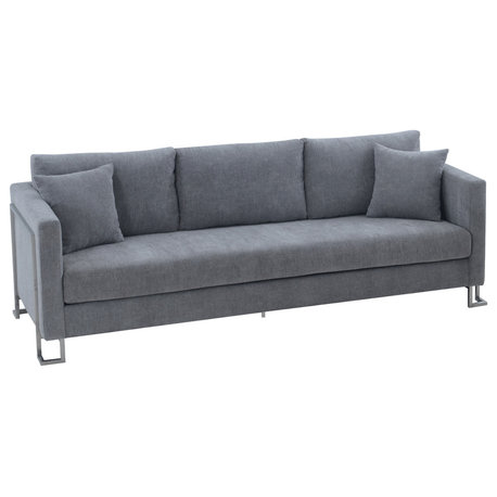 Heritage Fabric Upholstered Sofa With Brushed Stainless Steel Legs, Gray