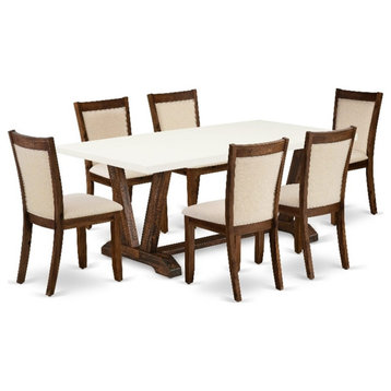 V727MZN32-7 - Dining Table and 6 Light Beige Chairs Distressed Jacobean Finish