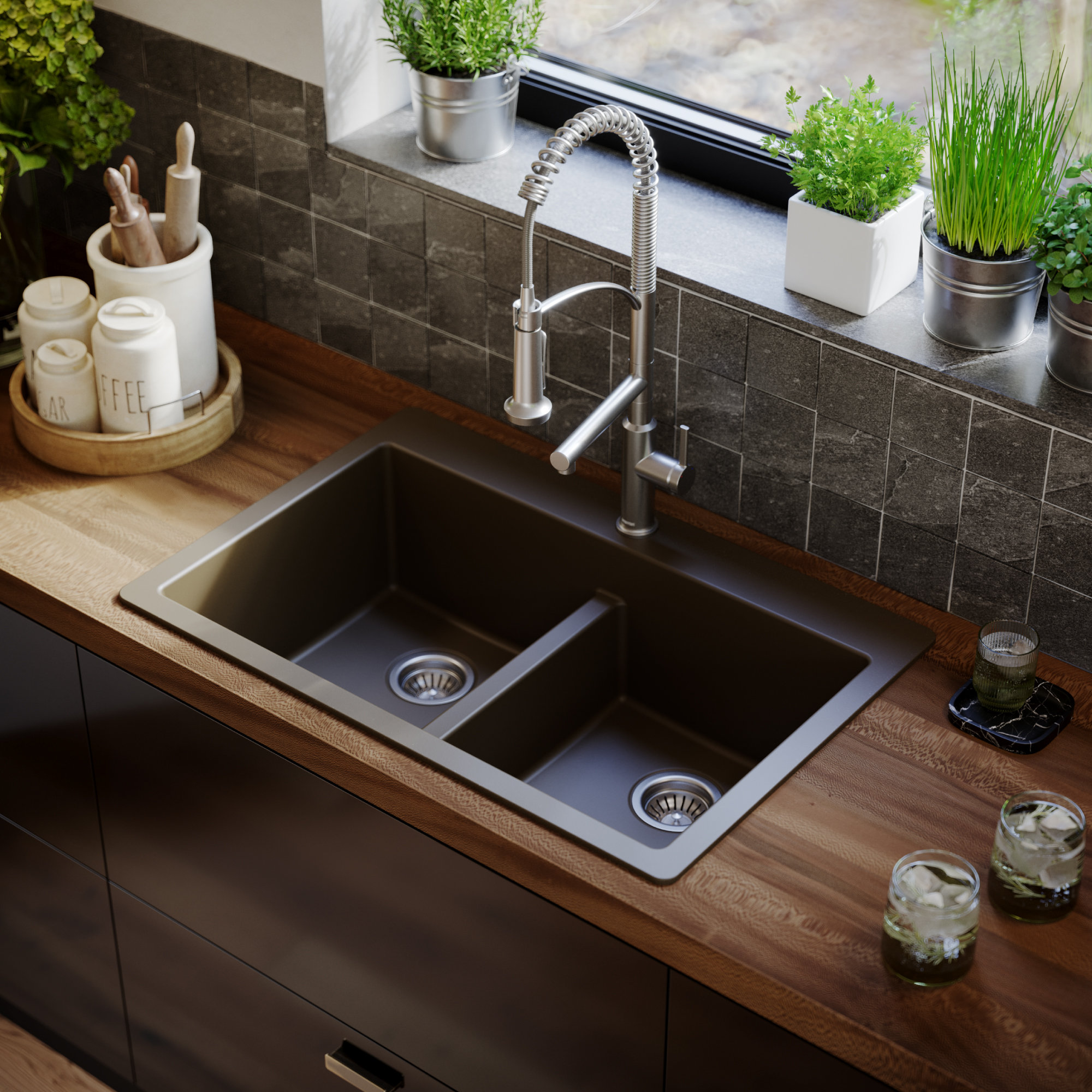 Karran 33" Top Mount Double Equal Bowl Quartz Kitchen Sink, Brown