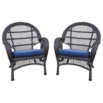 Jeco Wicker Chair in Espresso with Blue Cushion (Set of 2)
