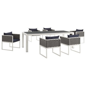 Modway Stance 7-Piece Aluminum & Fabric Patio Dining Set in White and Navy