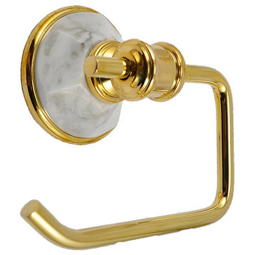 Toilet Paper Holder With Arabescato Marble Accents, Polished Gold