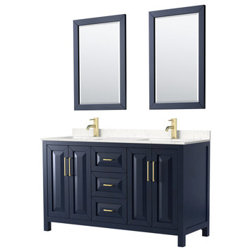 60, Double Vanity, Dark Blue, Light-Vein Marble Top, SQ Sinks, 24, Mirrors