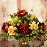 Floral Home Decor - Magnolias Silk Floral Centerpiece in Bowl - A perfect centerpiece for a dining room created in a low elegant gold brushed  bowl. Burgundy magnolias, soft yellow roses, apples, berries foliage and hydrangeas.