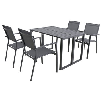 5 Piece Patio Dining Set, 4 Stackable Sling Chairs & Rectangular Slat Top Table