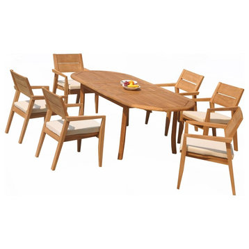7-Piece Outdoor Teak Dining Set: 94" Oval Extn Table, 6 Celo Stacking Arm Chairs