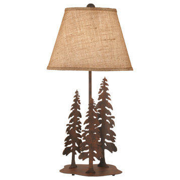 Rust Iron Nature Scene Table Lamp With Circle of Feather Trees