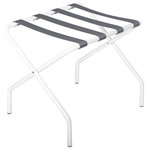 Innit Designs - Pamaleta Luggage Stand, Grey on White - Folding stand for guest luggage at hotels and houses. Made with tubular steel and PVC strapping. Straps may also be custom ordered in a variety of options including patterned or monochrome nylon and in several leathers.  Proudly handmade in Toronto.