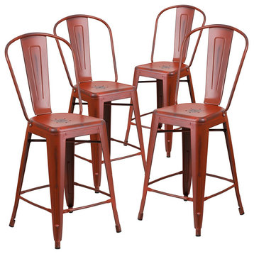 Set of 4 Contemporary Counter Stool, Comfortable Ergonomic Back, Distressed Red