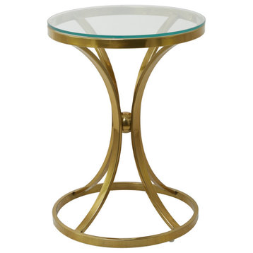 Minimalistic End Table, Hourglass Shape Stainless Steel Base & Glass Top, Gold