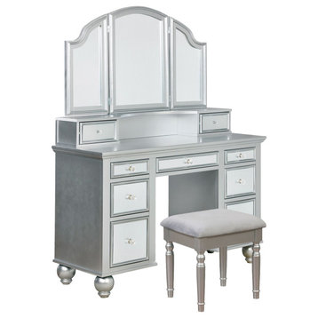 Wood Vanity with Stool, Silver