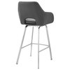 Aura Faux Leather and Metal Bar Stool, Stainless Steel & Gray, Bar Height - 29-3