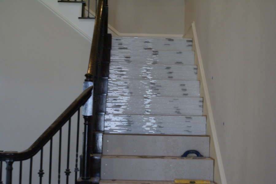 Glass tile, Engineered wood and stacked stone