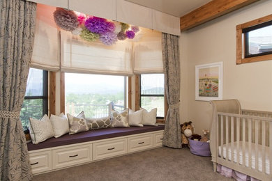Traditional nursery in Denver with beige walls, carpet and grey floor for girls.