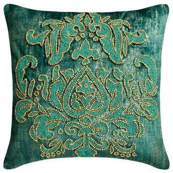 Teal Suede Damask Beaded & Embroidered 18"x18" Throw Pillow Cover - Aureate Teal