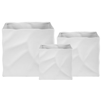Square Ceramic Pot with Abstract Design Body Matte White Finish, Set of 3