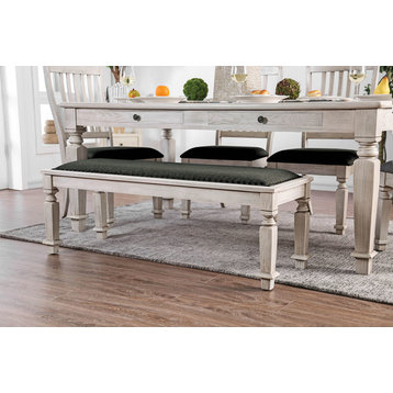 Benzara BM183234 Fabric Padded Wood Bench, Antique White and Gray