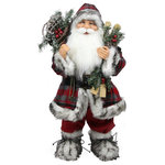 Northlight Seasonal - 24" Alpine Chic Standing Santa Claus with Frosted Pine Snowshoes and Skis Figure - This Santa Claus is full of country Christmas charm and would make a jolly addition to your holiday decor | Santa is wearing a plaid red | gray and white fur trimmed suit and is carrying frosted skis and snowshoes in a bag over his shoulder | Santa features jolly blue eyes | round chubby cheeks and friendly smile | Santa's hat has a decorative fur pouf at the end | Recommended for indoor use | Dimensions: 24"H x 14"W x 9"D | Material(s): plastic/fabric