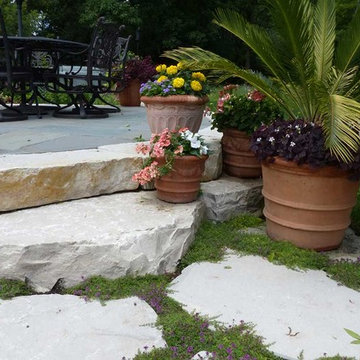 Closeup of outcropping stone steps to elevated bluestone patio