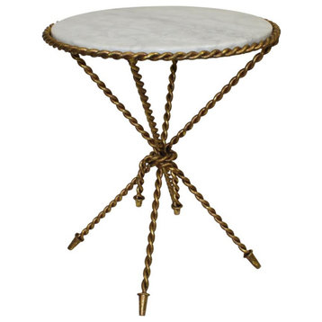 Luxe Twisted Iron Gold Rope Knot Accent Table Round Tripod White Marble Top