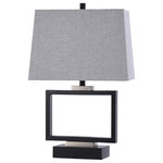 StyleCraft - Logan Open Design Table Lamp Black Metal Finish With Silver Accents - An open design allows this table lamp to bring modern artistry to any dining room or living room. The metal body forms a rectangular outline, with the black metal finish and chrome accents giving the structure a striking presence. A gray fabric shade matches the angular form below while the soft material provides appealing textural contrast.