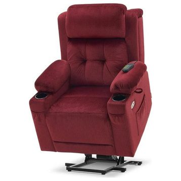 Power Lift Recliner, Massager Seat With Pillowed Arms & Cup Holders, Burgundy