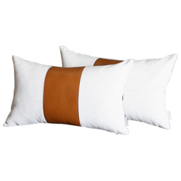 Set Of 2 Porcelain White And Center Caramel Brown Faux Leather Pillow Covers