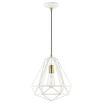 Livex Lighting - Knox 1 Light Textured White With Antique Brass Accents Pendant - This mini pendant features a textured white angular frame in the contemporary tradition for a perfect accenting look. Featuring a single bulb and simple suspension, it's great solo over focus points or set in pairs or trios over long countertops and islands. The facet is a wonderful way to show off your modern style with ease.