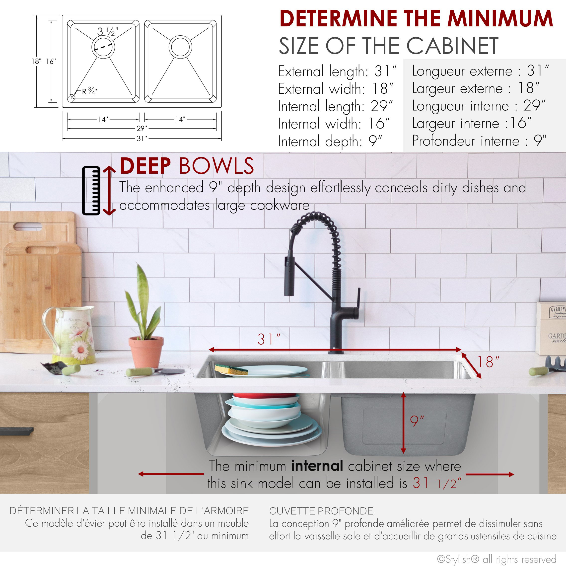 STYLISH 31 inch Double Bowl Undermount Stainless Steel Kitchen Sink