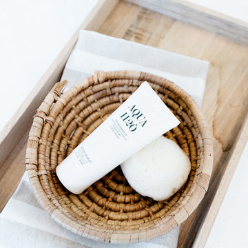 Organic Natural Bath Decor with Basket and Wooden Tray
