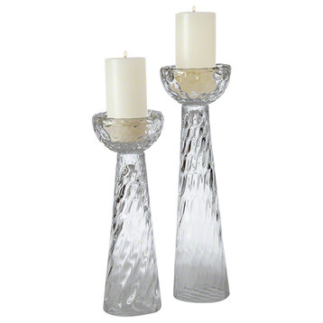 Luxe Art Glass Candle Holder Stick Set 2 Pillar Round Honeycomb Clear Thumbprint