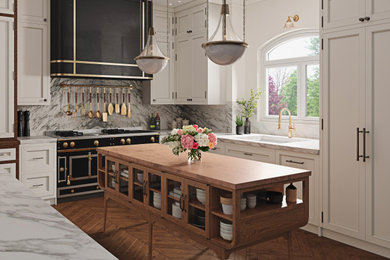 Стильный дизайн: большая п-образная кухня в классическом стиле с островом - последний тренд