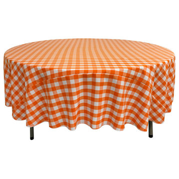 LA Linen Round Gingham Checkered Tablecloth, White and Orange, 90" Round