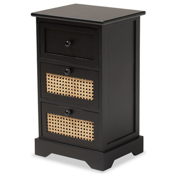 Transitional Espresso Brown Finished Wood And Rattan Storage Cabinet
