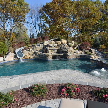 Custom Freeform style salt water in ground pool with Waterslide and Spa