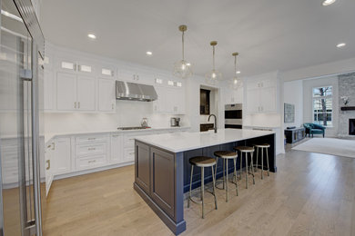 Large transitional l-shaped eat-in kitchen photo in Other with a farmhouse sink, beaded inset cabinets, white cabinets, quartz countertops, white backsplash, quartz backsplash, stainless steel appliances, an island and white countertops