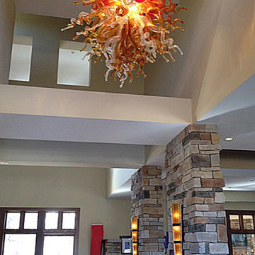 Custom 110 Stem Art Glass Amber & Red Chandelier - Ohio Residential Installation
