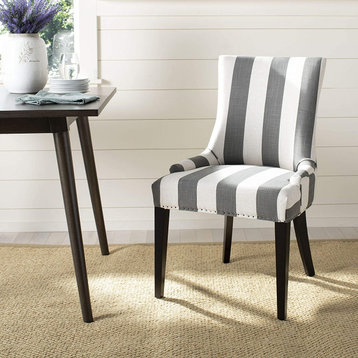 Elegant Dining Chair, Birch Wooden Legs & Linen Seat With Nailhead, Grey/White