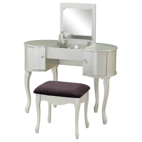 Linon Paloma Wood Vanity & Padded Stool Set Flip Up Mirror 2 Drawers in Silver