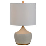 Renwil - Horme Table Lamp - The understated style of this traditional table lamp creates an elegant ambiance with ease. Cast from soft gray resin, gold resin accents serve as a glamorous thru line, traveling the urn-shaped lamp base from top to bottom. Paired with a white linen drum lampshade, the lamp's three-way switch offers the optimal illumination setting to suit your space. Incandescent bulb included.