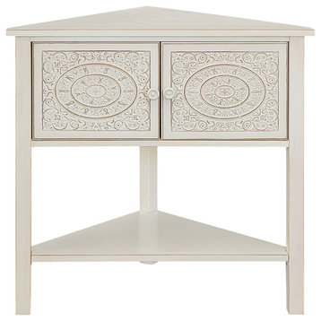 Gallerie Decor Antiqued Carved Transitional Wood Corner Table in White