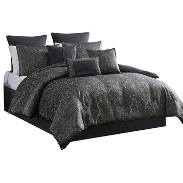 Benzara BM283918 9 Piece Polyester King Comforter Set, Charcoal Gray