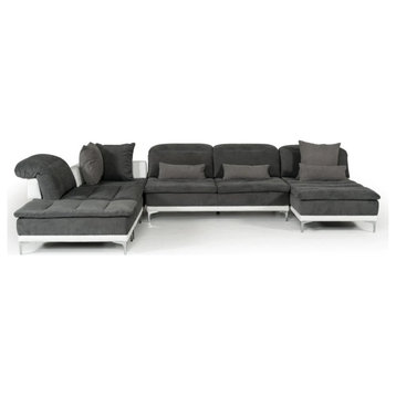 Layal Modern Gray Fabric and White Leather U Shaped Sectional Sofa