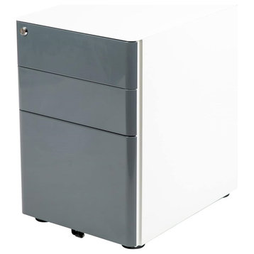 Modern Filing Cabinet, Mobile Design With 3 Lockable Drawers, White/Charcoal