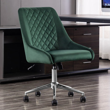 Diamond Stitched Swivel Velvet Task Chair, Dark Green & Silver Base