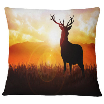 Deer On Meadow During Sunrise Animal Throw Pillow, 18"x18"