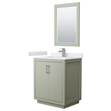 Icon 30" Single Vanity, Light Green, White Marble Top, Nickel Trim, 24" Mirror