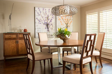 Design ideas for a mid-sized transitional separate dining room in Dallas with beige walls, dark hardwood floors and no fireplace.